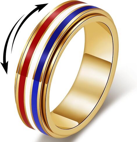 AmorArtSky 18K Gold Plated Spinner Ring for Anxiety Relief - Patriotic Rotating Fidget Jewelry in Red, White & Blue, American Flag Stainless Steel Ring for Women & Men, Sizes 6-10 in Saudi Arabia