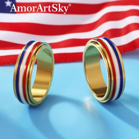 AmorArtSky 18K Gold Plated Spinner Ring for Anxiety Relief - Patriotic Rotating Fidget Jewelry in Red, White & Blue, American Flag Stainless Steel Ring for Women & Men, Sizes 6-10 in Saudi Arabia