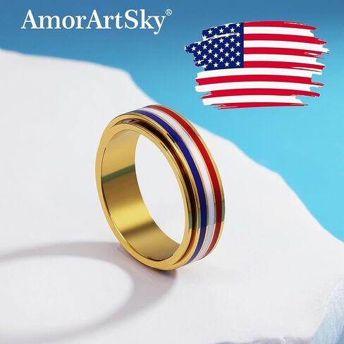 AmorArtSky 18K Gold Plated Spinner Ring for Anxiety Relief - Patriotic Rotating Fidget Jewelry in Red, White & Blue, American Flag Stainless Steel Ring for Women & Men, Sizes 6-10 in Saudi Arabia