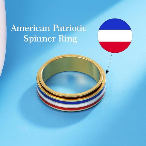 AmorArtSky 18K Gold Plated Spinner Ring for Anxiety Relief - Patriotic Rotating Fidget Jewelry in Red, White & Blue, American Flag Stainless Steel Ring for Women & Men, Sizes 6-10 in Saudi Arabia