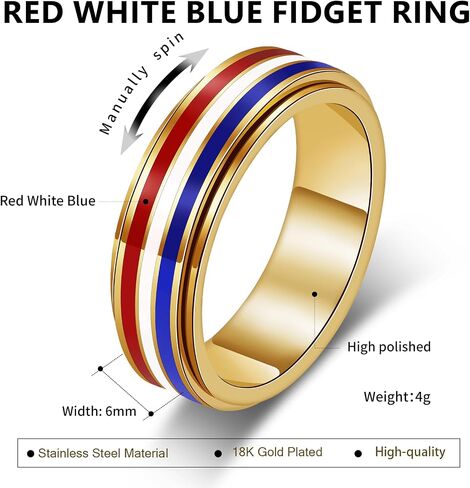 AmorArtSky 18K Gold Plated Spinner Ring for Anxiety Relief - Patriotic Rotating Fidget Jewelry in Red, White & Blue, American Flag Stainless Steel Ring for Women & Men, Sizes 6-10 in Saudi Arabia
