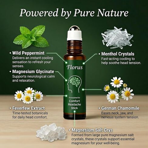 Florus Relief Roll on, Peppermint Oil Head Comfort Stick with Lavender, Chamomile and Magnesium Glycinate (1pcs) in Kuwait