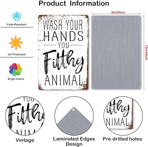Funny Bathroom Wall Decor Metal Sign - Wash Your Hands You Filthy Animal, Humor Quote Gifts for Guest Bath & Office Restroom 8x12 Inches (701) in Saudi Arabia