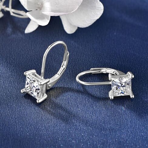 Moissanite Hoop Earrings, 925 Sterling Silver Hypoallergenic Four Prong Set Leverback Drop Earrings for Women, D Color VVS1 Lab Created Imitation Diamond Princess Cut Jewelry Gifts in Saudi Arabia