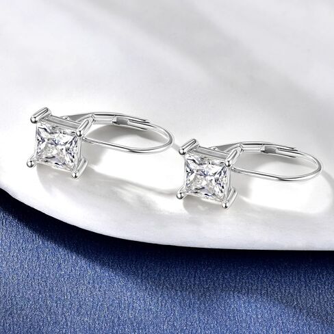 Moissanite Hoop Earrings, 925 Sterling Silver Hypoallergenic Four Prong Set Leverback Drop Earrings for Women, D Color VVS1 Lab Created Imitation Diamond Princess Cut Jewelry Gifts in Saudi Arabia