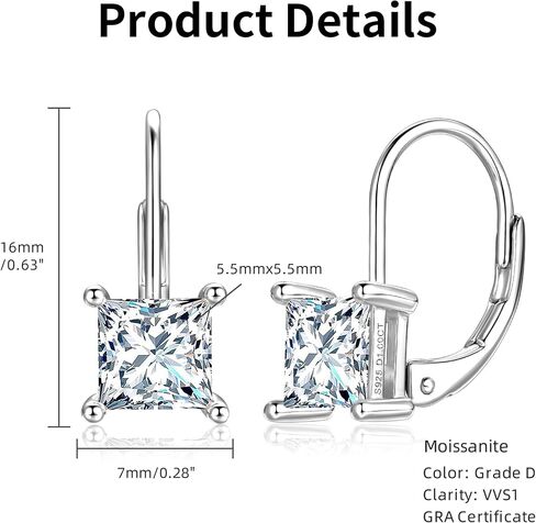 Moissanite Hoop Earrings, 925 Sterling Silver Hypoallergenic Four Prong Set Leverback Drop Earrings for Women, D Color VVS1 Lab Created Imitation Diamond Princess Cut Jewelry Gifts in Saudi Arabia