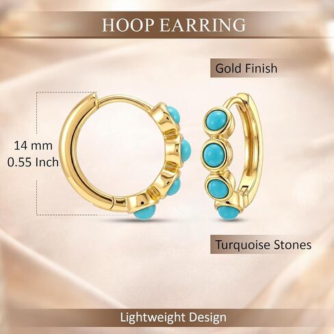 Huggie Hoop Earrings for Women | 14K Gold-Plated Small Hoop Earrings with Turquoise Stone Accents | Minimalist Hinged Huggie Hoops Jewelry for Women in Saudi Arabia