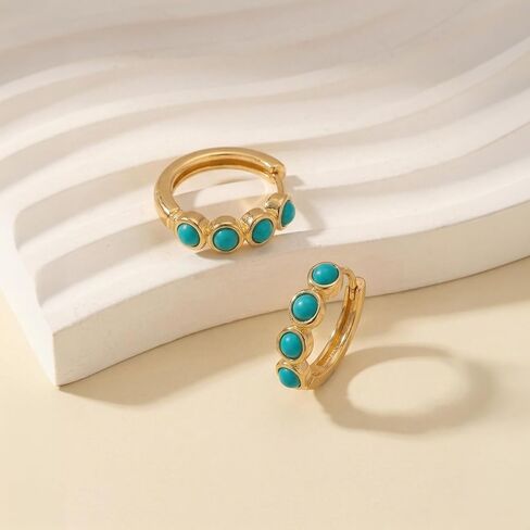 Huggie Hoop Earrings for Women | 14K Gold-Plated Small Hoop Earrings with Turquoise Stone Accents | Minimalist Hinged Huggie Hoops Jewelry for Women in Saudi Arabia