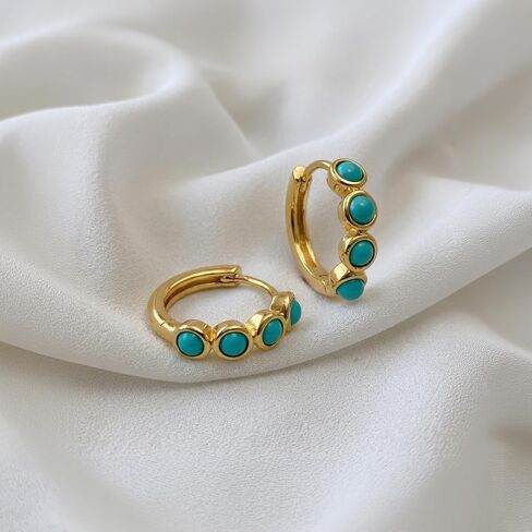 Huggie Hoop Earrings for Women | 14K Gold-Plated Small Hoop Earrings with Turquoise Stone Accents | Minimalist Hinged Huggie Hoops Jewelry for Women in Saudi Arabia