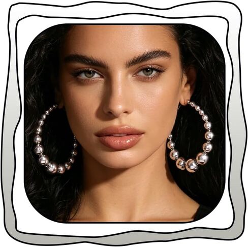 Chunky Beaded Hoop Earrings for Women Vintage Large Gold Silver Ball Hoops Earring Exaggerated Statement Party Vacation Present Jewelry in Kuwait