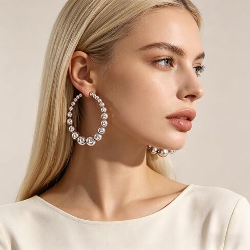 Chunky Beaded Hoop Earrings for Women Vintage Large Gold Silver Ball Hoops Earring Exaggerated Statement Party Vacation Present Jewelry in Kuwait