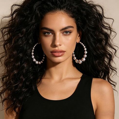 Chunky Beaded Hoop Earrings for Women Vintage Large Gold Silver Ball Hoops Earring Exaggerated Statement Party Vacation Present Jewelry in Kuwait