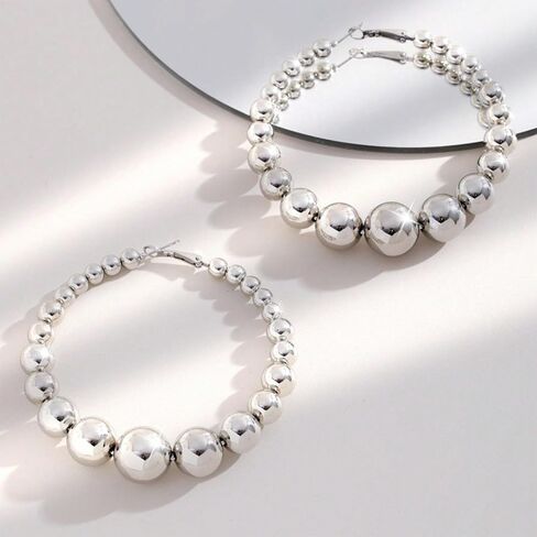 Chunky Beaded Hoop Earrings for Women Vintage Large Gold Silver Ball Hoops Earring Exaggerated Statement Party Vacation Present Jewelry in Kuwait