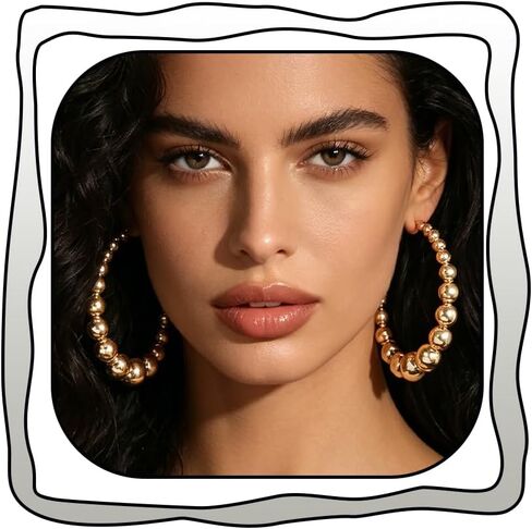 Chunky Beaded Hoop Earrings for Women Vintage Large Gold Silver Ball Hoops Earring Exaggerated Statement Party Vacation Present Jewelry in Kuwait