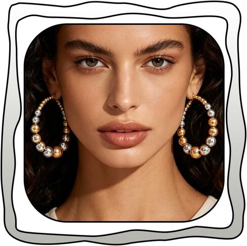 Chunky Beaded Hoop Earrings for Women Vintage Large Gold Silver Ball Hoops Earring Exaggerated Statement Party Vacation Present Jewelry in Kuwait
