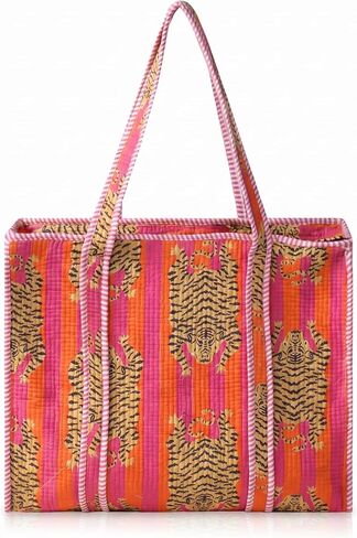 100% Cotton Quilted Tote Bag for Women Floral Hand Block Print Large Zipper Shoulder Bag Lightweight Travel Beach | Work Shopping Purse in Kuwait