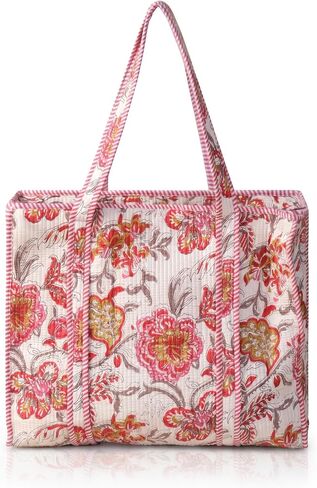100% Cotton Quilted Tote Bag for Women Floral Hand Block Print Large Zipper Shoulder Bag Lightweight Travel Beach | Work Shopping Purse in Kuwait