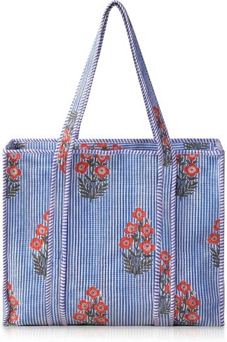 100% Cotton Quilted Tote Bag for Women Floral Hand Block Print Large Zipper Shoulder Bag Lightweight Travel Beach | Work Shopping Purse in Kuwait