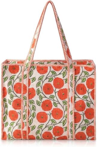 100% Cotton Quilted Tote Bag for Women Floral Hand Block Print Large Zipper Shoulder Bag Lightweight Travel Beach | Work Shopping Purse in Kuwait