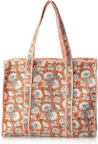 100% Cotton Quilted Tote Bag for Women Floral Hand Block Print Large Zipper Shoulder Bag Lightweight Travel Beach | Work Shopping Purse in Kuwait