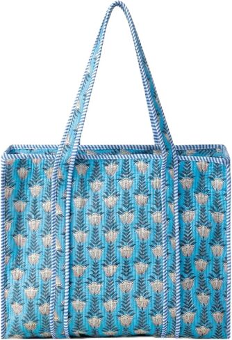 100% Cotton Quilted Tote Bag for Women Floral Hand Block Print Large Zipper Shoulder Bag Lightweight Travel Beach | Work Shopping Purse in Kuwait
