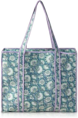 100% Cotton Quilted Tote Bag for Women Floral Hand Block Print Large Zipper Shoulder Bag Lightweight Travel Beach | Work Shopping Purse in Kuwait