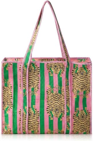 100% Cotton Quilted Tote Bag for Women Floral Hand Block Print Large Zipper Shoulder Bag Lightweight Travel Beach | Work Shopping Purse in Kuwait