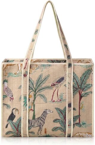 100% Cotton Quilted Tote Bag for Women Floral Hand Block Print Large Zipper Shoulder Bag Lightweight Travel Beach | Work Shopping Purse in Kuwait