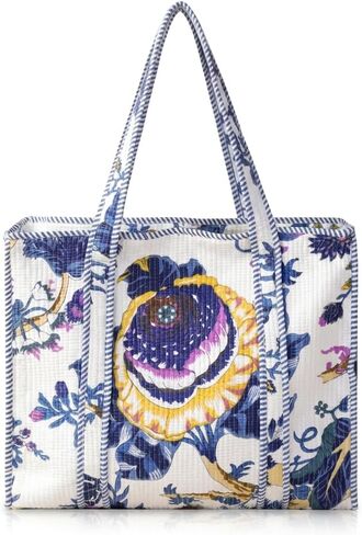 100% Cotton Quilted Tote Bag for Women Floral Hand Block Print Large Zipper Shoulder Bag Lightweight Travel Beach | Work Shopping Purse in Kuwait