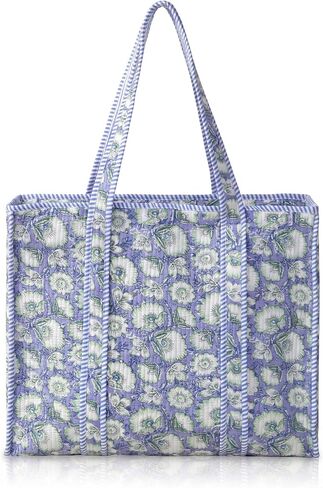 100% Cotton Quilted Tote Bag for Women Floral Hand Block Print Large Zipper Shoulder Bag Lightweight Travel Beach | Work Shopping Purse in Kuwait