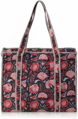 100% Cotton Quilted Tote Bag for Women Floral Hand Block Print Large Zipper Shoulder Bag Lightweight Travel Beach | Work Shopping Purse in Kuwait