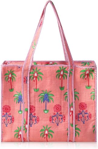 100% Cotton Quilted Tote Bag for Women Floral Hand Block Print Large Zipper Shoulder Bag Lightweight Travel Beach | Work Shopping Purse in Kuwait