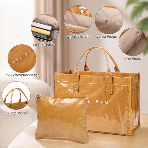Tudomro PVC Tote Bag for Women Kraft Paper Letters Print Tote Bags with Pouch Large Handbag with Top Handle for Work Travel in Saudi Arabia