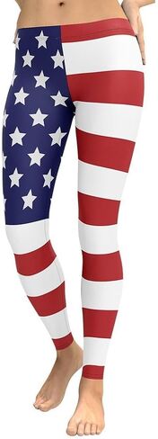 American Flag Patriotic Leggings for Women - Mid Waisted, Stretchy Pants Printed Leggings for Workout & Exerc... in Saudi Arabia