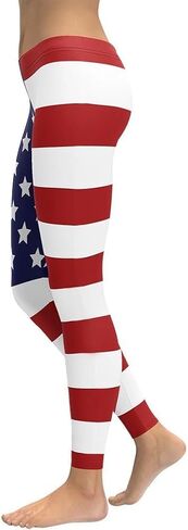 American Flag Patriotic Leggings for Women - Mid Waisted, Stretchy Pants Printed Leggings for Workout & Exerc... in Saudi Arabia