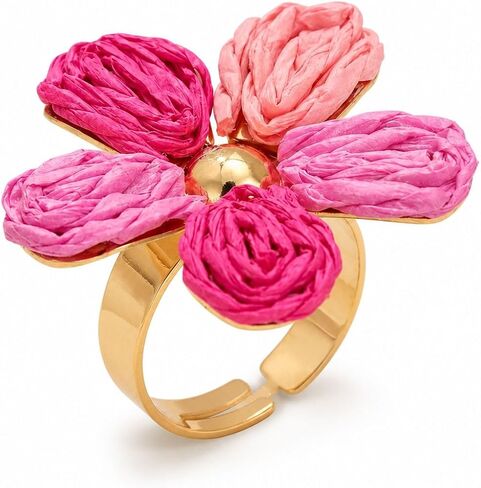 Raffia Flower Ring Adjustable Woven Raffia Flower Statement Ring Boho Colorful Petal Rings Summer Textured Floral Rings Fanshion Jewelry Gift in Saudi Arabia