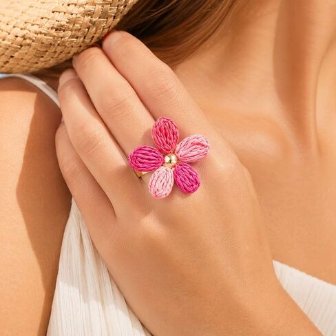 Raffia Flower Ring Adjustable Woven Raffia Flower Statement Ring Boho Colorful Petal Rings Summer Textured Floral Rings Fanshion Jewelry Gift in Saudi Arabia
