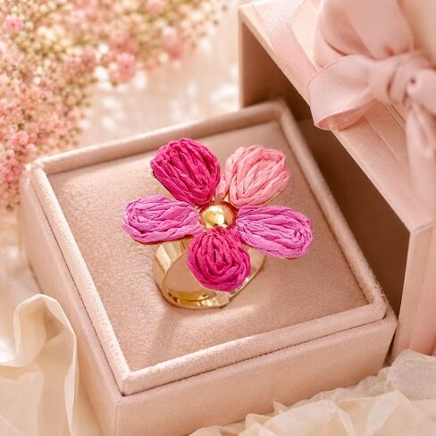 Raffia Flower Ring Adjustable Woven Raffia Flower Statement Ring Boho Colorful Petal Rings Summer Textured Floral Rings Fanshion Jewelry Gift in Saudi Arabia