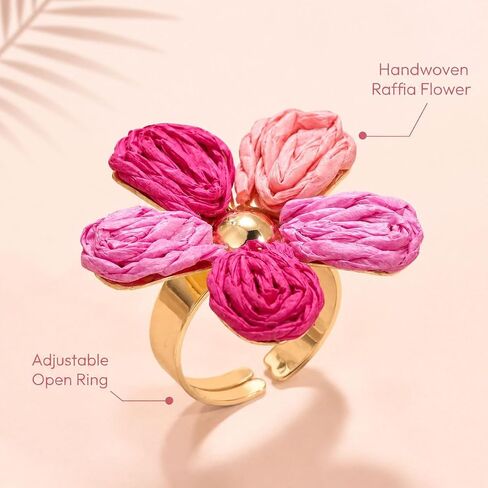 Raffia Flower Ring Adjustable Woven Raffia Flower Statement Ring Boho Colorful Petal Rings Summer Textured Floral Rings Fanshion Jewelry Gift in Saudi Arabia