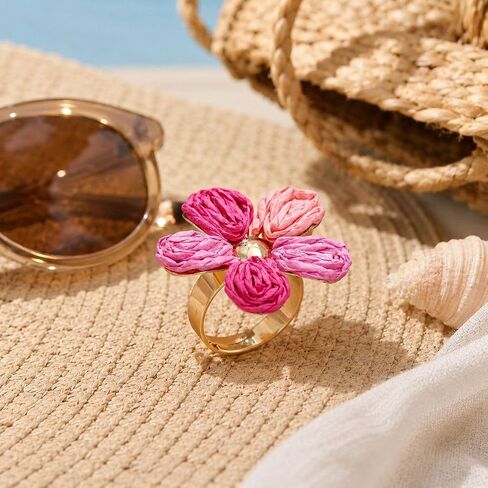 Raffia Flower Ring Adjustable Woven Raffia Flower Statement Ring Boho Colorful Petal Rings Summer Textured Floral Rings Fanshion Jewelry Gift in Saudi Arabia
