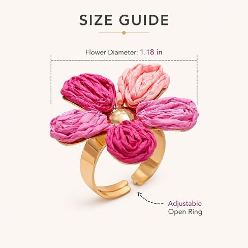 Raffia Flower Ring Adjustable Woven Raffia Flower Statement Ring Boho Colorful Petal Rings Summer Textured Floral Rings Fanshion Jewelry Gift in Saudi Arabia