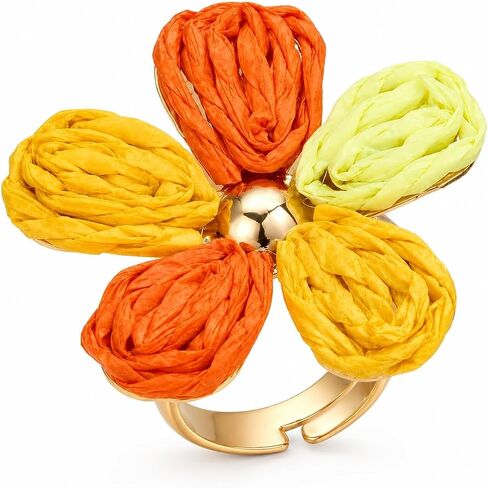 Raffia Flower Ring Adjustable Woven Raffia Flower Statement Ring Boho Colorful Petal Rings Summer Textured Floral Rings Fanshion Jewelry Gift in Saudi Arabia