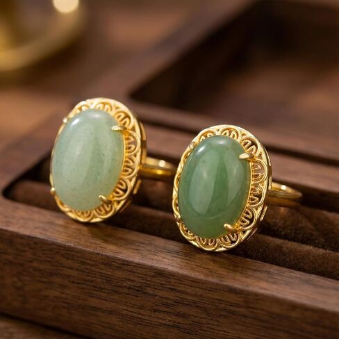 Green Jade Ring, Adjustable Natural Oval Shape Gemstone Ring, Fashion Charm Crystal Rings for Women Statement Jewelry in Saudi Arabia