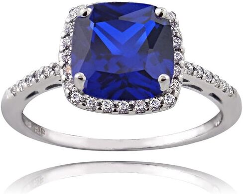 Ice Gems Sterling Silver Created Blue Sapphire and Cubic Zirconia Cushion-Cut Halo Ring in Kuwait