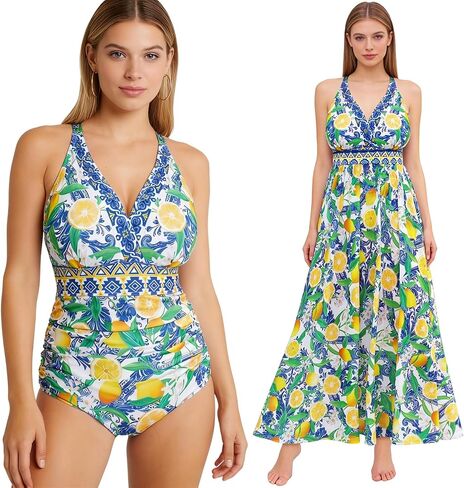 Swimsuit with Skirt Women's Tummy Control V Neck Floral Mesh One Piece Swimsuit Curvy-Fit Cover Up Skirt Set in Saudi Arabia