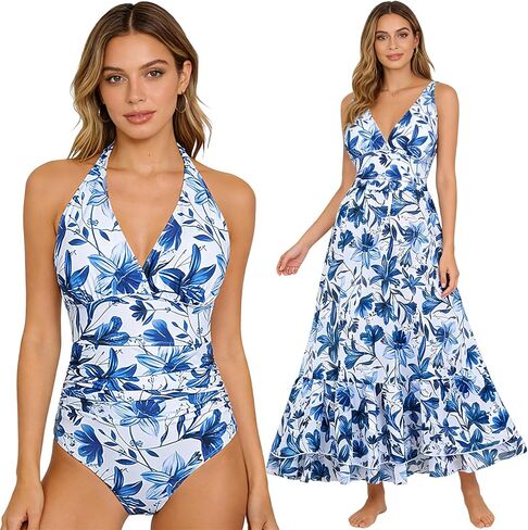 Swimsuit with Skirt Women's Tummy Control V Neck Floral Mesh One Piece Swimsuit Curvy-Fit Cover Up Skirt Set in Saudi Arabia