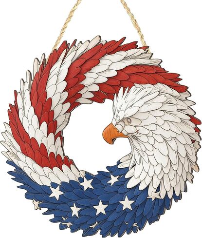 4th of July Decorations Eagle Door Sign 250th Anniversary Wooden 2D Memorial Day Wreath for Front Door Hanger American Rustic Plaque for Wall Front Porch Red White Blue American Patriotic Decor in Saudi Arabia