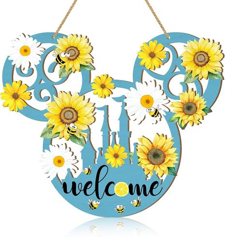 Summer Welcome Door Sign Mouse Shaped, Bees Sunflower Wooden Hanging Sign, Flowers Front Door Decorations Wall Art for Summer Indoor Outdoor Home Yard Garden Decor Blue in Saudi Arabia
