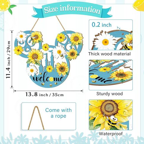 Summer Welcome Door Sign Mouse Shaped, Bees Sunflower Wooden Hanging Sign, Flowers Front Door Decorations Wall Art for Summer Indoor Outdoor Home Yard Garden Decor Blue in Saudi Arabia