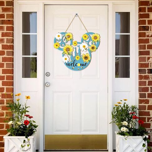 Summer Welcome Door Sign Mouse Shaped, Bees Sunflower Wooden Hanging Sign, Flowers Front Door Decorations Wall Art for Summer Indoor Outdoor Home Yard Garden Decor Blue in Saudi Arabia